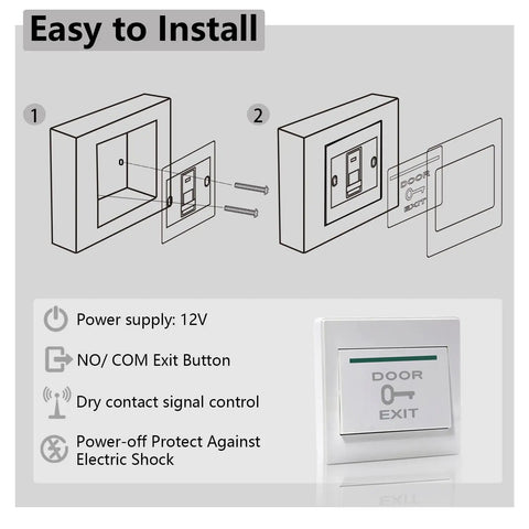 Push Button Door Release For Access Control Systems, Surface Mount Exit Button In White, 12V 3A, installed on wall