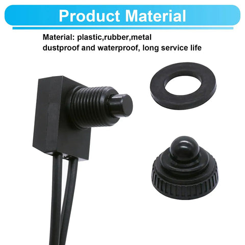 Close-up of Two Pack Waterproof 12V Push Button Switch SPST On Off for RV Motorcycle Auto Car, showing components and materials.