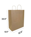 Kraft Paper Bags With Twisted Handles 12.5 By 6.5 By 15.5 Inch Brown with dimensions, bulk pack of 300 for retail use.