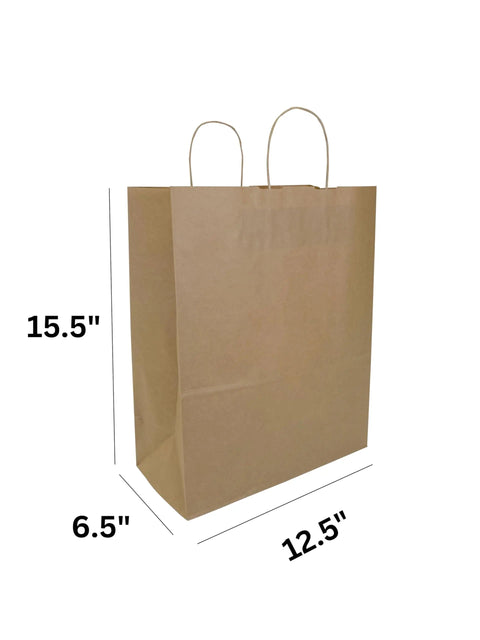 Kraft Paper Bags With Twisted Handles 12.5 By 6.5 By 15.5 Inch Brown with dimensions, bulk pack of 300 for retail use.