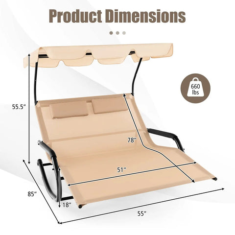 Dimensions of Two Person Outdoor Lounge Chair With Adjustable Canopy, Wheels, Detachable Pillows, Extra Large Double Patio Hammock Bed