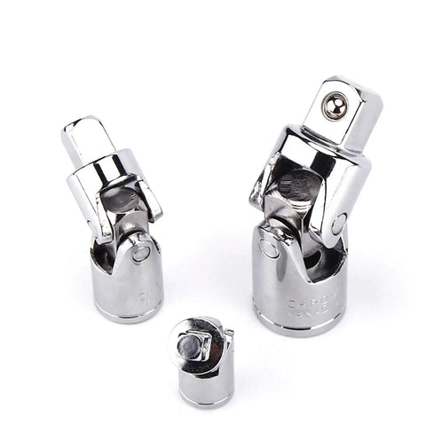 Heavy Duty Universal Joint Set With Flexible Ratchet Extension Bars In Quarter Inch Three Eighth And Half Inch Drive Chrome Vanadium Steel, featuring three sizes.