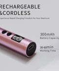 Heavy Duty Cordless Nail Drill Kit With Five Tough Steel Bits And Dust Shield For Peeling Gel Polish And Buffing Rough Calluses In Slick Pink Vibe Battery and charging details