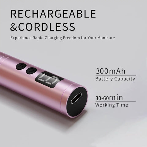 Heavy Duty Cordless Nail Drill Kit With Five Tough Steel Bits And Dust Shield For Peeling Gel Polish And Buffing Rough Calluses In Slick Pink Vibe Battery and charging details