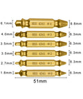 6 Piece Damaged Screw Extractor Set With HSS Material For Stripped And Broken Screws And Bolts shown with measurements in gold color