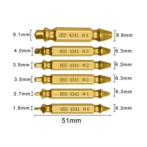 6 Piece Damaged Screw Extractor Set With HSS Material For Stripped And Broken Screws And Bolts shown with measurements in gold color