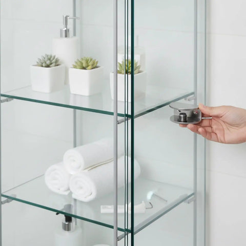 Hand holding Heavy Duty Glass Shelf Clamp Mounting Bracket for Bathroom Cabinets and Wardrobes, zinc alloy, snug fit clip.
