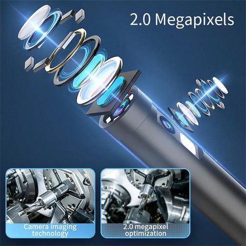 Tough Waterproof Mini Endoscope Camera With Crisp 2MP HD Video six LED rings showcasing internal camera components and technology.