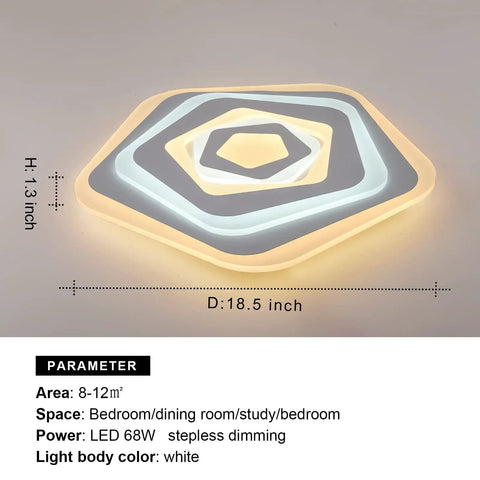 Dimmable Acrylic Ceiling Light With Remote Control, Flush Mount LED Modern Lamp, white 68W fixture dimensions 18.5x1.3 inches