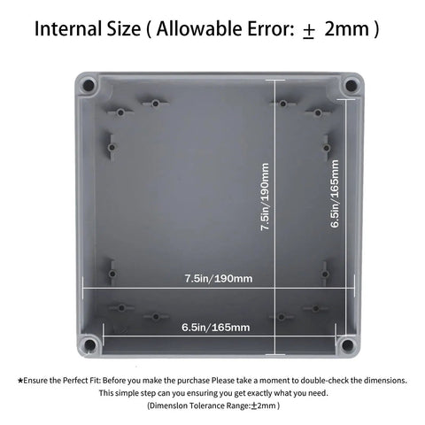Internal dimensions of IP65 Weatherproof 8 By 8 By 4 Inches ABS Junction Box Outdoor Electrical Enclosure with measurements.
