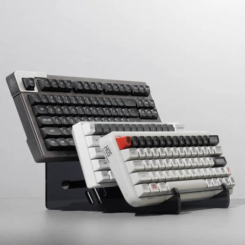 Transparent Acrylic Keyboard Display Stand For Up To Three Keyboards with two keyboards, clear holder on desk