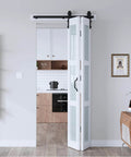 36 By 84 Inch Space Saver Bifold Barn Door With Frosted Glass Panel And PVC Coated MDF installed in modern room