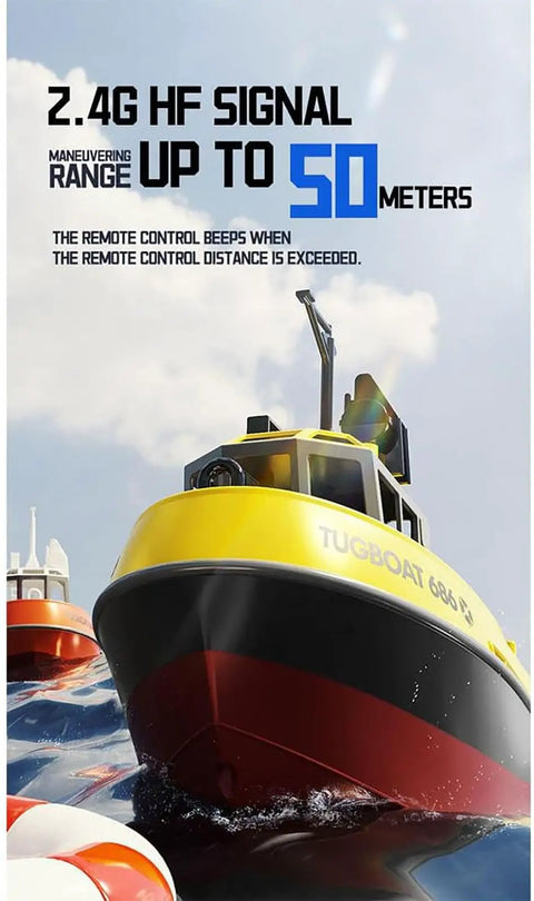 Beast Speed Remote Control Tugboat Model With Realistic 1 72 Scale Details And Working Navigation Lights Waterproof Hull Ideal For Pools Lakes And Rivers 2 4 GHz Control Delivers 8 Kilometers Per Hour Fun For Adults Red on water displaying 50m range