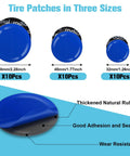 Three sizes of blue tire patches in Heavy Duty Tire Patch Kit With 32mm, 45mm And 58mm Patches, labeled with quantities