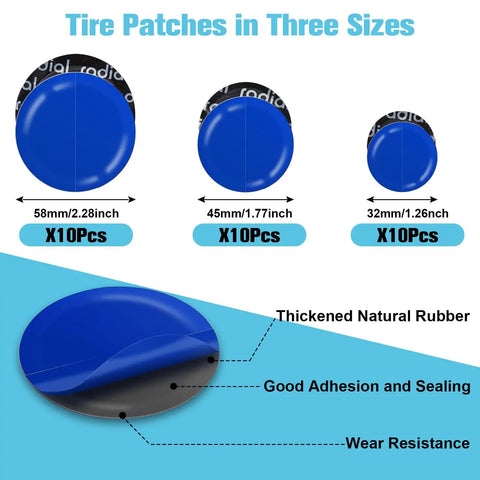 Three sizes of blue tire patches in Heavy Duty Tire Patch Kit With 32mm, 45mm And 58mm Patches, labeled with quantities