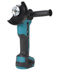 Brushless angle grinder with teal and black housing, side handle and metal guard.