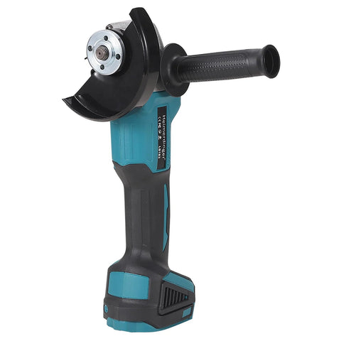 Brushless angle grinder with teal and black housing, side handle and metal guard.