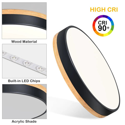 Modern Wood LED Ceiling Light Fixture With Gray Flush Mount Round Ceiling Lamp Non Dimmable 4000K Bright White Light