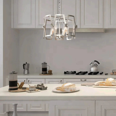Brushed Nickel Drum Pendant Chandelier For Dining Room 4 Light Modern Round Fixture in kitchen setting