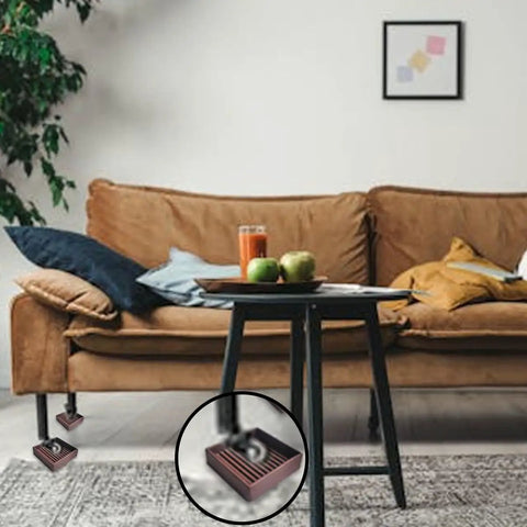 Living room with Four Pack 2x2 Square Rubber Furniture Caster Cups Non Slip Bed Frame Stoppers Floor Protectors under sofa legs.