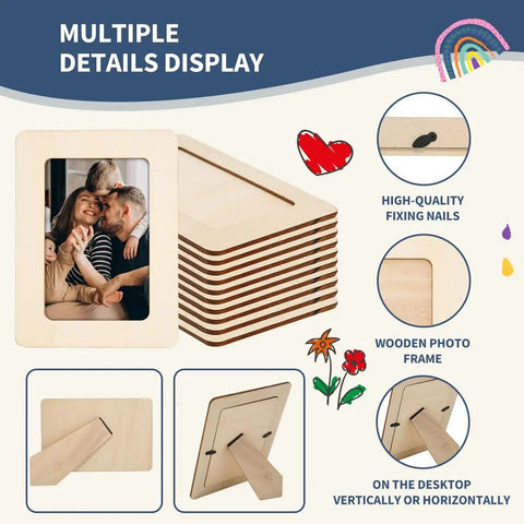 Front view of Picture Frame Painting Craft Kit For 4x6 Photos, 10 Unfinished Wooden Frames, shown with display option details
