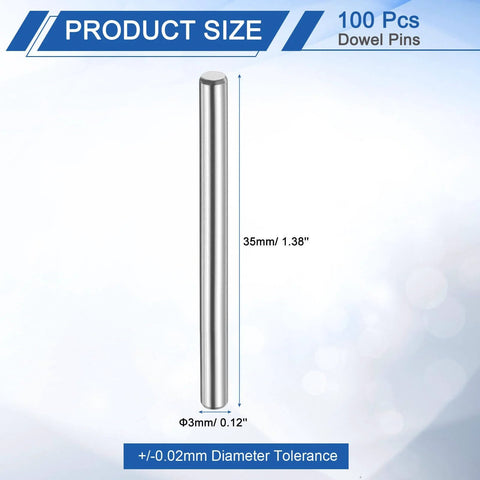 100 Piece 3mm By 35mm Dowel Pins Set In Durable Steel For Shelves And Racks with smooth silver finish visible in image