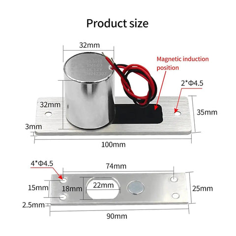 Heavy Duty Waterproof Magnetic Lock For Glass Doors And Gates With Fail Safe Electric Access Control and Reinforced Drop Bolt Deadbolt dimensions and connections.