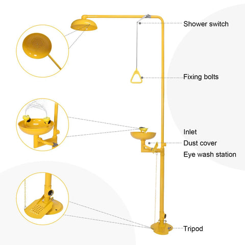 Heavy Duty Emergency Shower And Eyewash Station 304 Stainless Steel Built Tough Safety Combo OSHA Approved yellow unit diagram