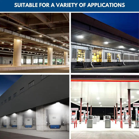LED Canopy Light With Three Wattage Settings illuminating various commercial spaces including parking areas and gas stations.