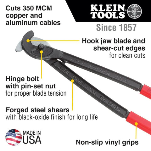 Heavy Duty Utility Cable Cutter 16 Inch For MCM Copper And 350 MCM Aluminum Cable With Shear Type Hook Jaws Forged Steel With Black Oxide Finish Beveled Tips For Positive Mating Made In USA