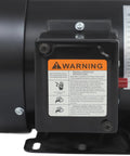 Warning label on half HP single phase electric motor 1725 RPM TEFC 115 230V copper windings steel plate compact black unit