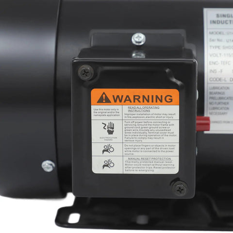 Warning label on half HP single phase electric motor 1725 RPM TEFC 115 230V copper windings steel plate compact black unit