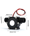 Go To Micro Hydroelectric Power Generator For Off Grid Projects Portable Water Flow Device 0-80V Output Works With 5V And 12V Systems Water Turbine Pump For Energy Harvesting Durable Yellow, black compact device with wires and measurements.