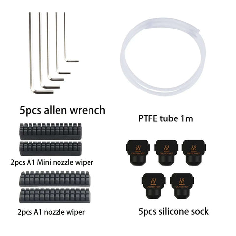 All In One 3D Printer Tool Kit For A1 And A1 Mini Pro Grade Maintenance Set with wrenches, PTFE tube, nozzle wipers, silicone socks