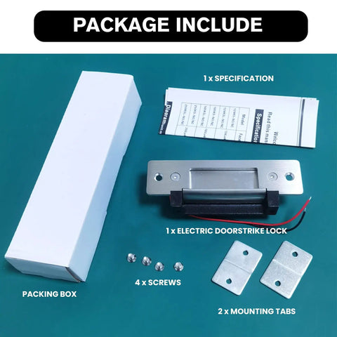 Real Deal Heavy Duty Electric Door Strike Lock With Reinforced Lock Body And Thick Stainless Base For Rock Solid 12V Access Control Security And No Shake Mounting In Black includes lock, screws, and mounting tabs.