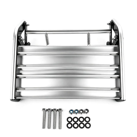 Manual RV Step Single Folding Ladder For Trailers And Campers, Retractable Entry Stair, 440 LB Capacity, Aluminum Alloy Construction With Powder Coated Steel Plates, Built To Last And Easy To Install For Motorhomes. Front view with mounting hardware