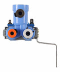 Front view of Genuine OEM Water Inlet Valve Model MJX41869202 for refrigerators, showing blue and orange components and mounting bracket.