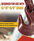 Close-up of a Lever Style Snap Chain Binder hook for Flatbed Truck Trailers 5/16-3/8 G70 Chain, red painted finish, capacity details.