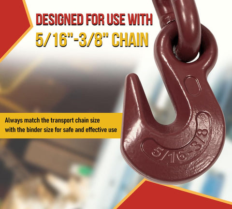 Close-up of a Lever Style Snap Chain Binder hook for Flatbed Truck Trailers 5/16-3/8 G70 Chain, red painted finish, capacity details.