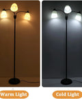Three Light Black Reading Floor Lamp With Adjustable Heads, 66 Inch Tall Standing Tree Lamp showing warm and cold light settings.