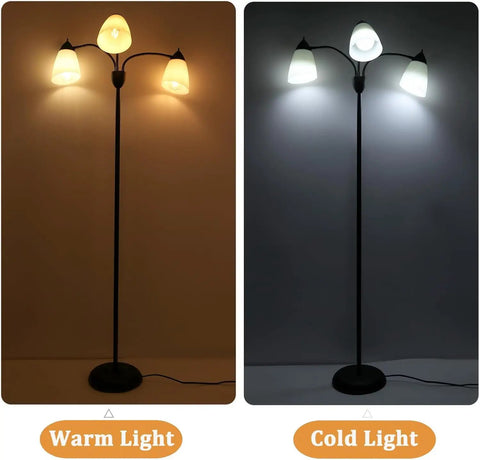 Three Light Black Reading Floor Lamp With Adjustable Heads, 66 Inch Tall Standing Tree Lamp showing warm and cold light settings.