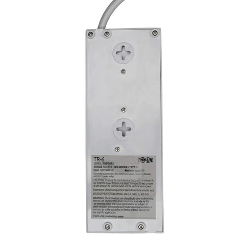 Back view of Six Outlet Surge Protector Power Strip With Six Foot Cord And Right Angle Plug For Home Office And Electronics Protection
