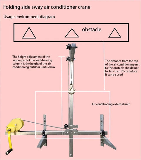 Folding side sway air conditioner crane diagram showing adjustable height for lifting AC units safely.