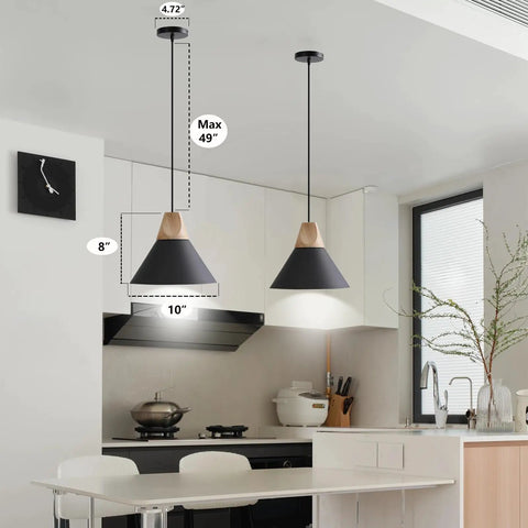 Solid Wood Matte Black Pendant Lights Three Pack For Kitchen Island And Dining Room Modern Ceiling Hanging Lamps For Bar And Coffee Bar Minimalist Wood And Metal Design Warm Ambience over a modern kitchen island with measurements visible