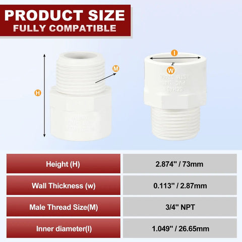 Three Quarter Inch PVC Pipe Fitting NPT Male Thread Adapter Slip Coupling For Furniture Assembly And Irrigation SCH40 White Leak Free Easy Install Durable PVC, product dimensions and size compatibility chart displayed.