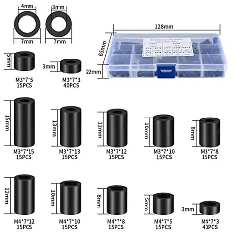 960 Piece Black Nylon Spacers Set For Screws And Electrical Outlets Round No Thread Spacers With Variety Inner Diameters And Lengths Go To DIY Kit For Flush Or Recessed Mounts Stable Fit And Easy Install. black nylon spacer kit with assorted sizes, labeled organizer case