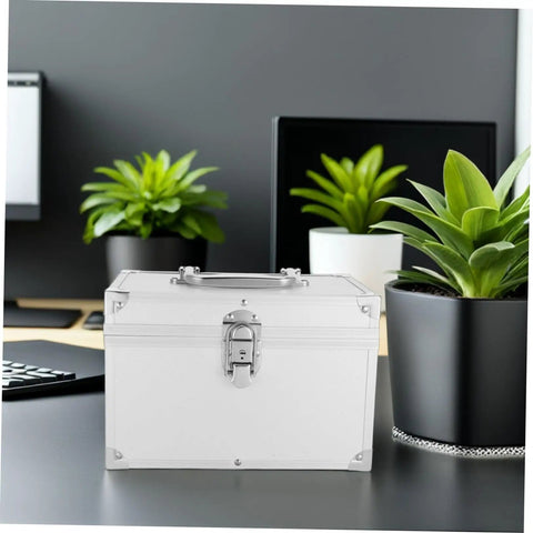 Lockable Aluminum Tool Box With Handle Beefed Up Heavy Duty Impact Resistant Double Layer Storage Case on desk with plants