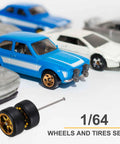 Four Pack 1 64 Scale Wheel And Tire Set For RC Diecast Cars with gold six spoke rims and axle next to blue diecast car