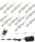 Linkable LED Under Cabinet Lights 12V Recessed Mini Downlights Kit Dimmable With Remote Control ETL Listed, showing 12 lights and accessories