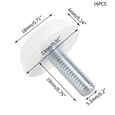 Total Game Changer Wobble Killer Set Of 16 White M6 Screw Furniture Levelers with dimensions displayed.